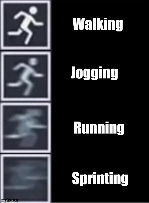 Lol | Walking; Jogging; Running; Sprinting | image tagged in walking,jogging,running,sprint | made w/ Imgflip meme maker