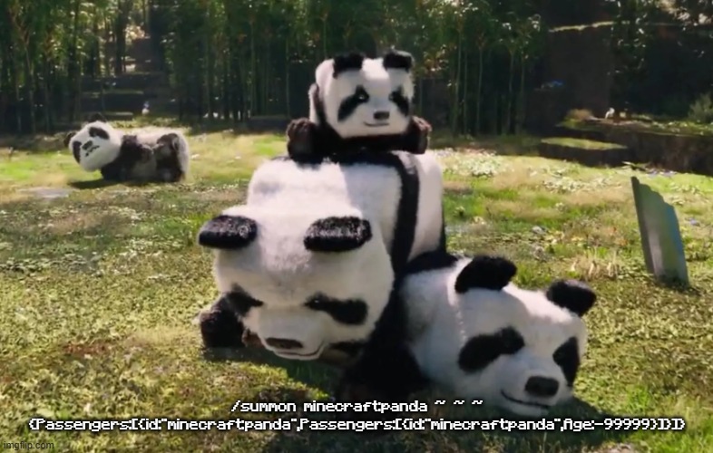 /summon minecraft:panda ~ ~ ~ {Passengers:[{id:"minecraft:panda",Passengers:[{id:"minecraft:panda",Age:-99999}]}]} | made w/ Imgflip meme maker