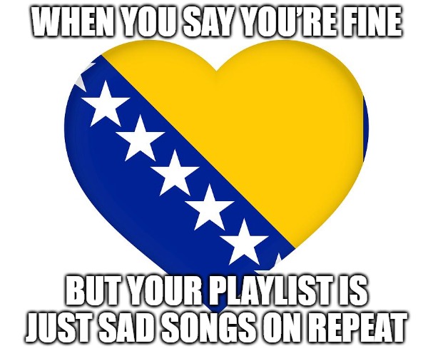 Bosnian Heart | WHEN YOU SAY YOU’RE FINE; BUT YOUR PLAYLIST IS JUST SAD SONGS ON REPEAT | image tagged in bosnian heart,bosnian lives matter | made w/ Imgflip meme maker