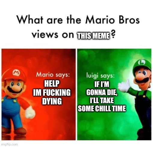 Mario says Luigi says | THIS MEME HELP IM FUCKING DYING IF I’M GONNA DIE, I’LL TAKE SOME CHILL TIME | image tagged in mario says luigi says | made w/ Imgflip meme maker