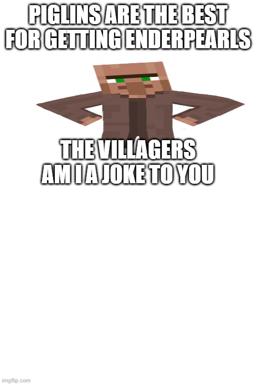 MANY SPEEDRUNNERS IN MINECRAFT REALLY | PIGLINS ARE THE BEST FOR GETTING ENDERPEARLS; THE VILLAGERS
AM I A JOKE TO YOU | image tagged in minecraft villager looking up | made w/ Imgflip meme maker