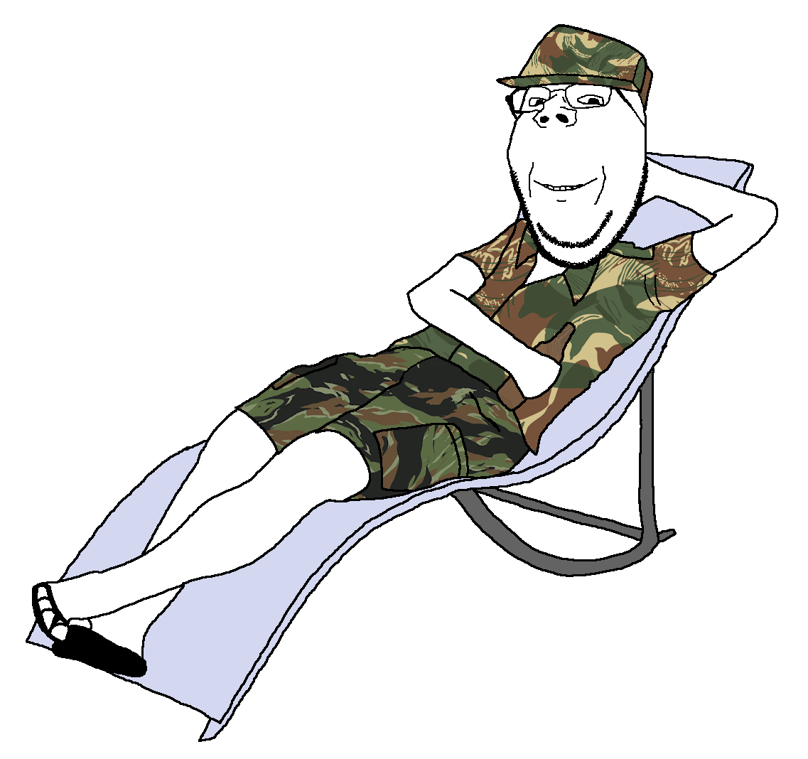 Military soldier soyjak resting on lawn chair Blank Meme Template