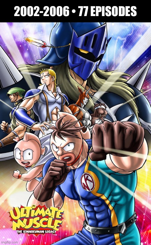 The anime pro wrestling battles of Kid Muscle and his squad… | 2002-2006 • 77 EPISODES | image tagged in cartoons,manga,pro wrestling,kid muscle,kinnikuman | made w/ Imgflip meme maker