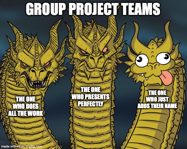 Three-headed Dragon | GROUP PROJECT TEAMS; THE ONE WHO PRESENTS PERFECTLY; THE ONE WHO JUST ADDS THEIR NAME; THE ONE WHO DOES ALL THE WORK | image tagged in three-headed dragon | made w/ Imgflip meme maker