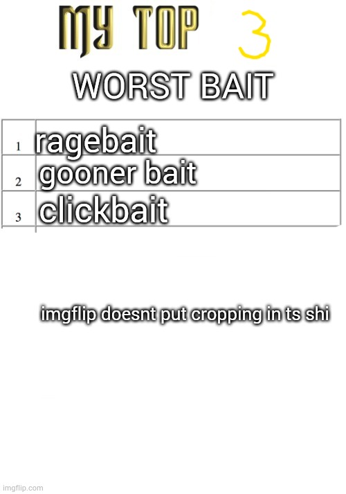 Top ten list better | WORST BAIT; ragebait; gooner bait; clickbait; imgflip doesnt put cropping in ts shi | image tagged in top ten list better | made w/ Imgflip meme maker