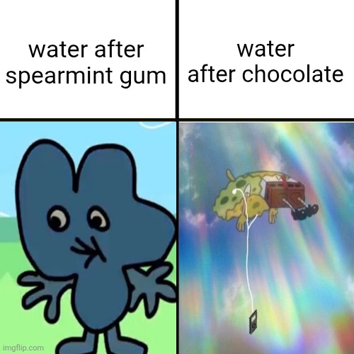 real | water after spearmint gum; water after chocolate | image tagged in memes,funny,relatable,corny,piecharts,i make tea with toenails | made w/ Imgflip meme maker