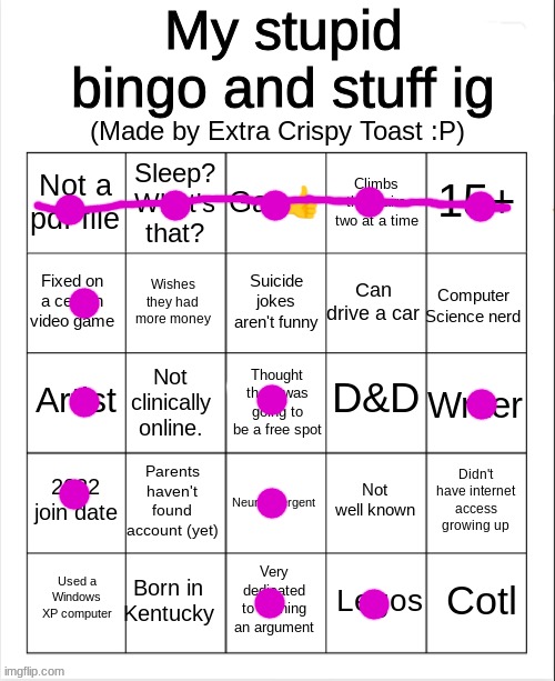 Extra crispy toast's stupid bingo | image tagged in extra crispy toast's stupid bingo | made w/ Imgflip meme maker