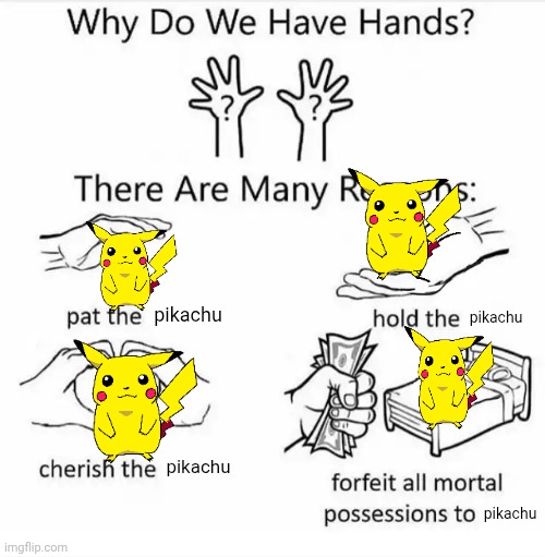 Why do we have hands? (all blank) | pikachu; pikachu; pikachu; pikachu | image tagged in why do we have hands all blank | made w/ Imgflip meme maker