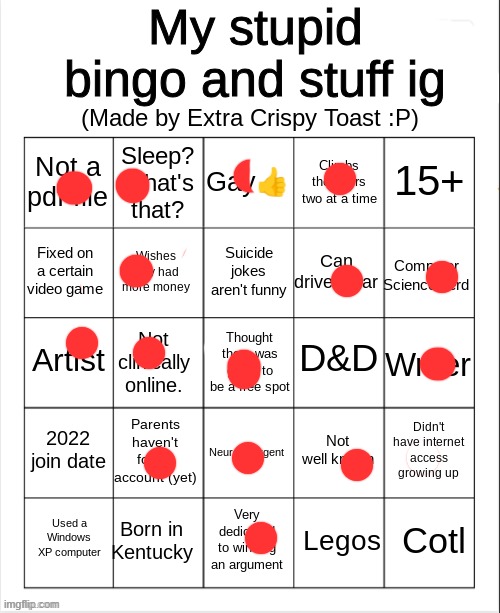 Extra crispy toast's stupid bingo | image tagged in extra crispy toast's stupid bingo | made w/ Imgflip meme maker
