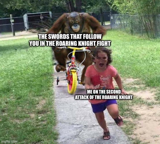 Run! | THE SWORDS THAT FOLLOW YOU IN THE ROARING KNIGHT FIGHT; ME ON THE SECOND ATTACK OF THE ROARING KNIGHT | image tagged in run | made w/ Imgflip meme maker