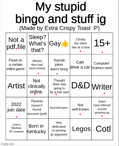 no gnobi :( | image tagged in extra crispy toast's stupid bingo | made w/ Imgflip meme maker