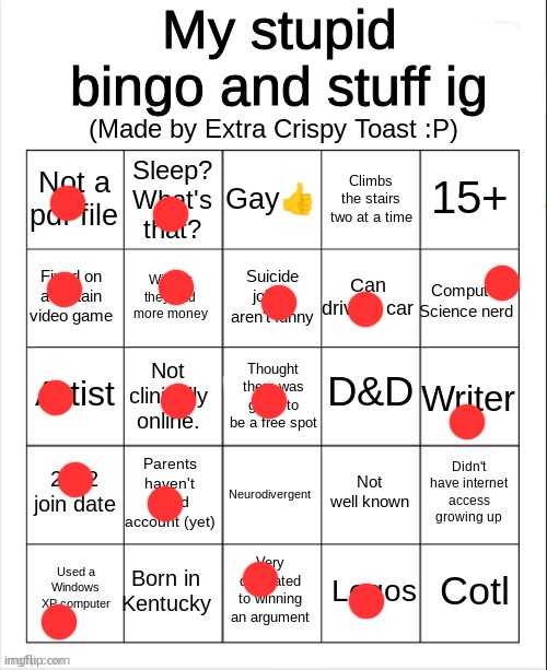 how does one be clinically online? 8/10 | image tagged in extra crispy toast's stupid bingo | made w/ Imgflip meme maker