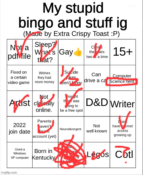 Extra crispy toast's stupid bingo | image tagged in extra crispy toast's stupid bingo | made w/ Imgflip meme maker