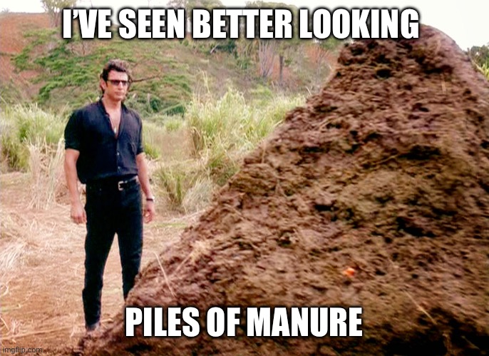 Memes, Poop, Jurassic Park | I’VE SEEN BETTER LOOKING PILES OF MANURE | image tagged in memes poop jurassic park | made w/ Imgflip meme maker