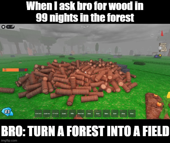 99 Night's in the forest | When I ask bro for wood in
99 nights in the forest; BRO: TURN A FOREST INTO A FIELD | image tagged in roblox meme | made w/ Imgflip meme maker