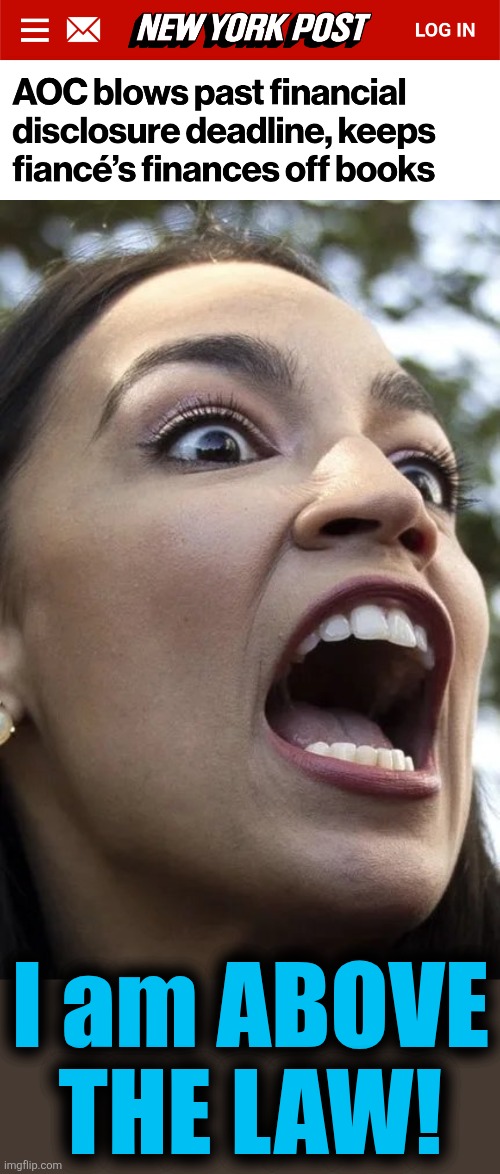 The absentee rep blew by the original deadline, then a 90-day extension | I am ABOVE
THE LAW! | image tagged in aoc,financial disclosures,memes,democrats,sketchy,socialist | made w/ Imgflip meme maker