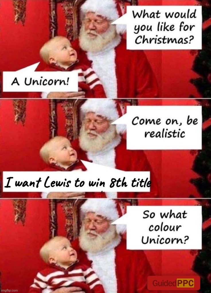 Santa what color unicorn | I want Lewis to win 8th title | image tagged in santa what color unicorn,formula 1,ferrari,lewis,hamilton | made w/ Imgflip meme maker