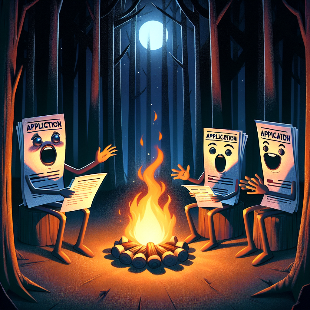 Three job applications sitting around a campfire telling scary s Blank Meme Template