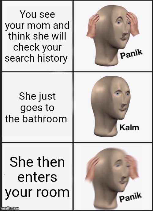 Uh oh | You see your mom and think she will check your search history; She just goes to the bathroom; She then enters your room | image tagged in memes,panik kalm panik | made w/ Imgflip meme maker