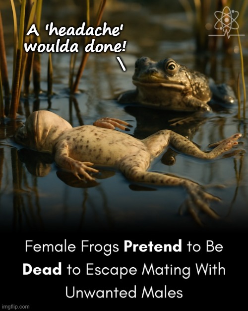 Faux Dead Frog | A 'headache' woulda done!                \ | image tagged in headache,frog,fake dead,mating | made w/ Imgflip meme maker