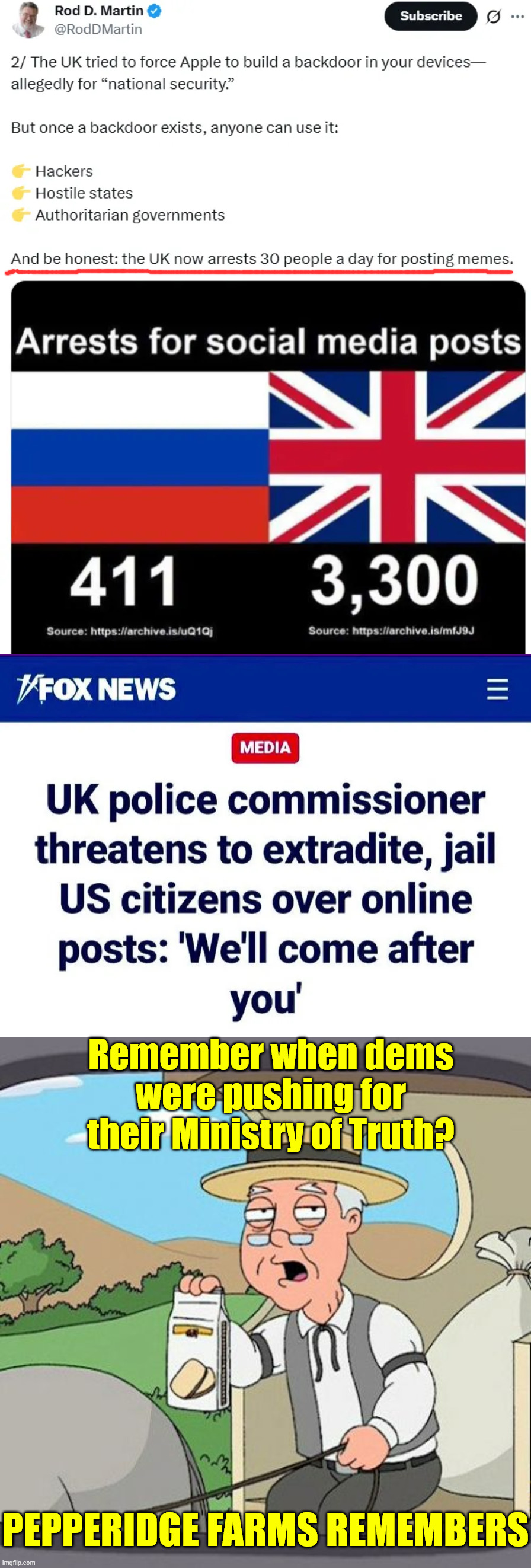 Thank God Trump was elected or the US would be like the UK now | Remember when dems were pushing for their Ministry of Truth? PEPPERIDGE FARMS REMEMBERS | image tagged in memes,pepperidge farm remembers,social democracies,gestapo states | made w/ Imgflip meme maker