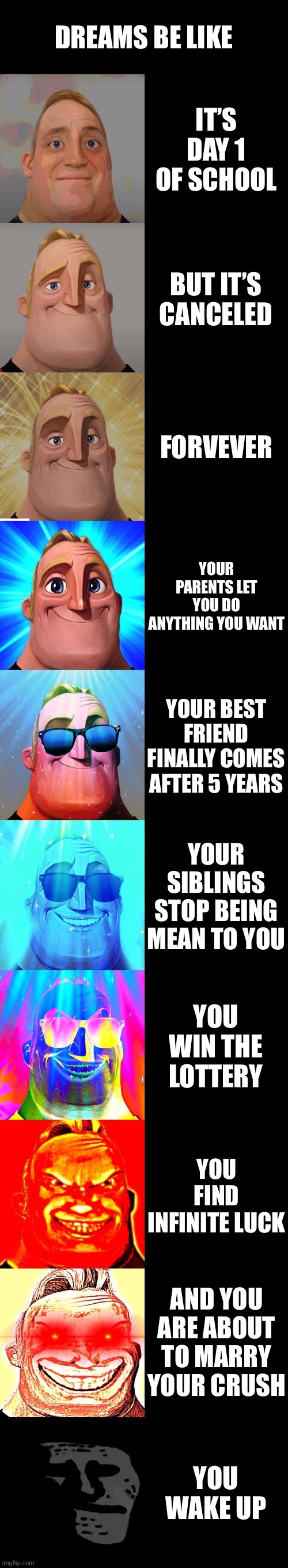 mr incredible becoming canny | DREAMS BE LIKE; IT’S DAY 1 OF SCHOOL; BUT IT’S CANCELED; FORVEVER; YOUR PARENTS LET YOU DO ANYTHING YOU WANT; YOUR BEST FRIEND FINALLY COMES AFTER 5 YEARS; YOUR SIBLINGS STOP BEING MEAN TO YOU; YOU WIN THE LOTTERY; YOU FIND INFINITE LUCK; AND YOU ARE ABOUT TO MARRY YOUR CRUSH; YOU WAKE UP | image tagged in mr incredible becoming canny | made w/ Imgflip meme maker