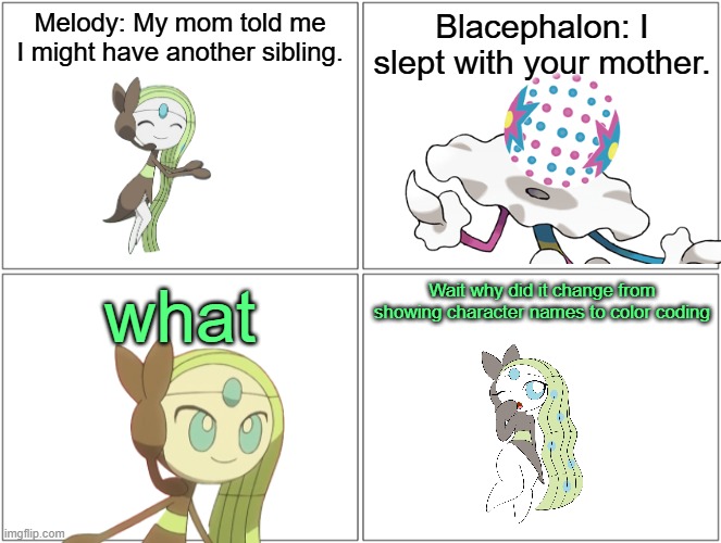 Probably not canon.mp3 | Melody: My mom told me I might have another sibling. Blacephalon: I slept with your mother. what; Wait why did it change from showing character names to color coding | image tagged in comic,melody,blacephalon | made w/ Imgflip meme maker
