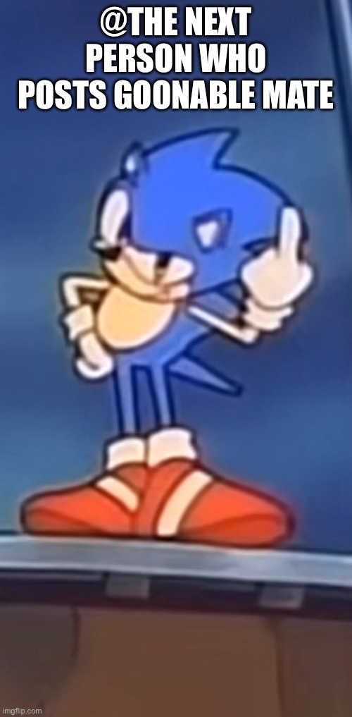Sonic OVA flip off, a3yfry | @THE NEXT PERSON WHO POSTS GOONABLE MATERIAL | image tagged in sonic ova flip off a3yfry | made w/ Imgflip meme maker
