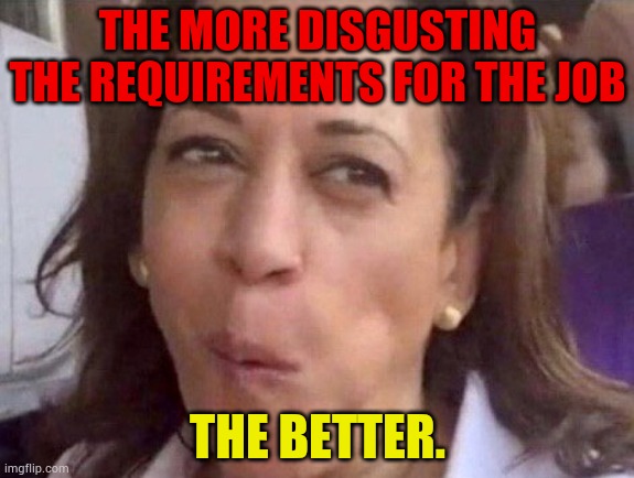 Kamala Harris | THE MORE DISGUSTING THE REQUIREMENTS FOR THE JOB THE BETTER. | image tagged in kamala harris | made w/ Imgflip meme maker