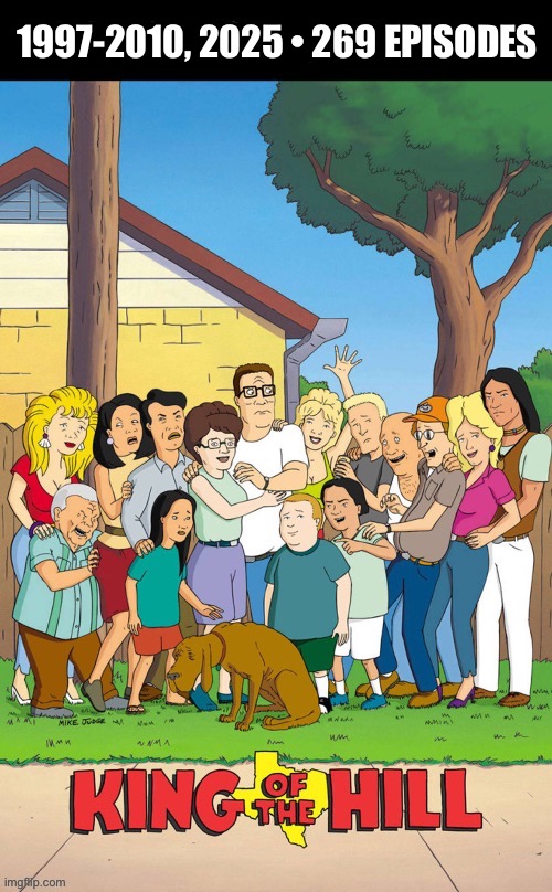 The original series and the 2025 reboot… | 1997-2010, 2025 • 269 EPISODES | image tagged in cartoons,king of the hill,hank hill | made w/ Imgflip meme maker