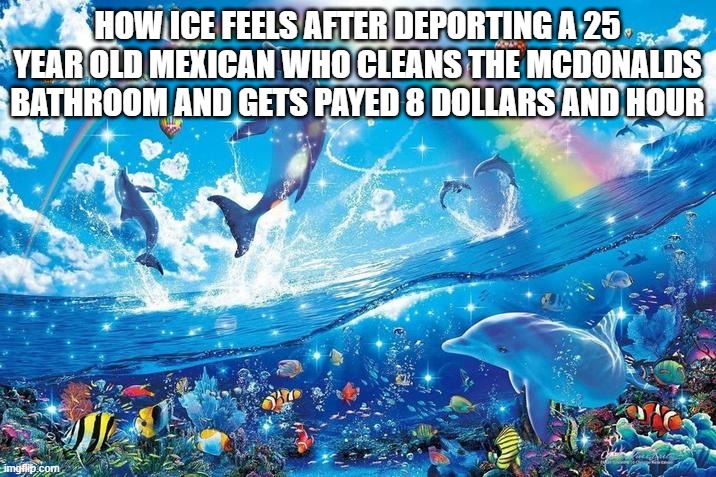 As a white person, I am disgusted | HOW ICE FEELS AFTER DEPORTING A 25 YEAR OLD MEXICAN WHO CLEANS THE MCDONALDS BATHROOM AND GETS PAYED 8 DOLLARS AND HOUR | image tagged in happy dolphin rainbow | made w/ Imgflip meme maker