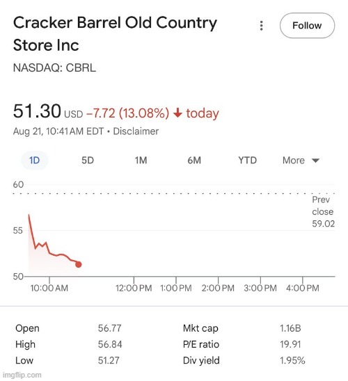 Go Woke, Go Broke | image tagged in cracker,barrel,stock market,down,woke,broke | made w/ Imgflip meme maker