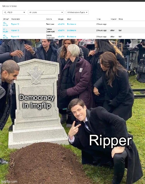 When someone mod abuses in a stream with “no filter” because they don’t agree with another mod | Democracy in Imgflip; Ripper | image tagged in guy posing in front of grave,moderators,your politics bore me,what a terrible day to have eyes,bias,abuse | made w/ Imgflip meme maker