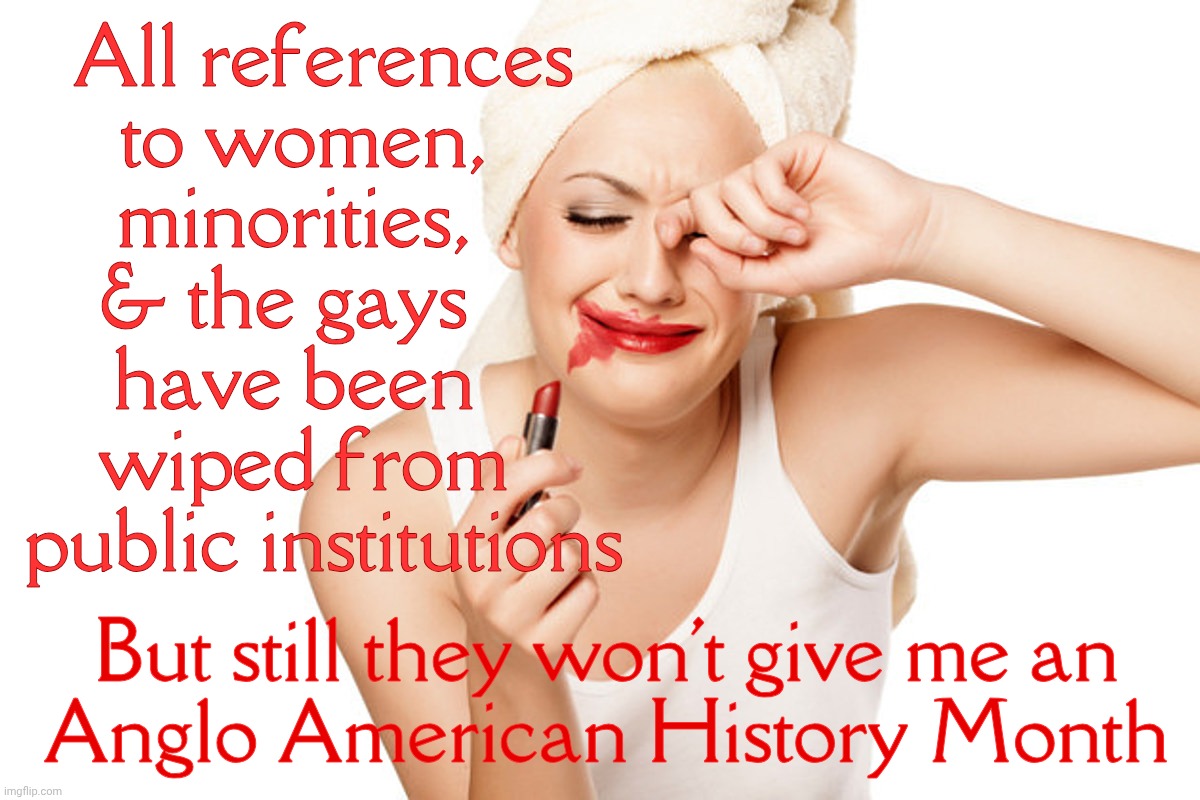 First World Problems Lipstick and WipeTears | All references
to women,  
minorities,   
& the gays    
have been   
wiped from  
public institutions But still they won't give me an
Anglo | image tagged in first world problems lipstick and wipetears | made w/ Imgflip meme maker