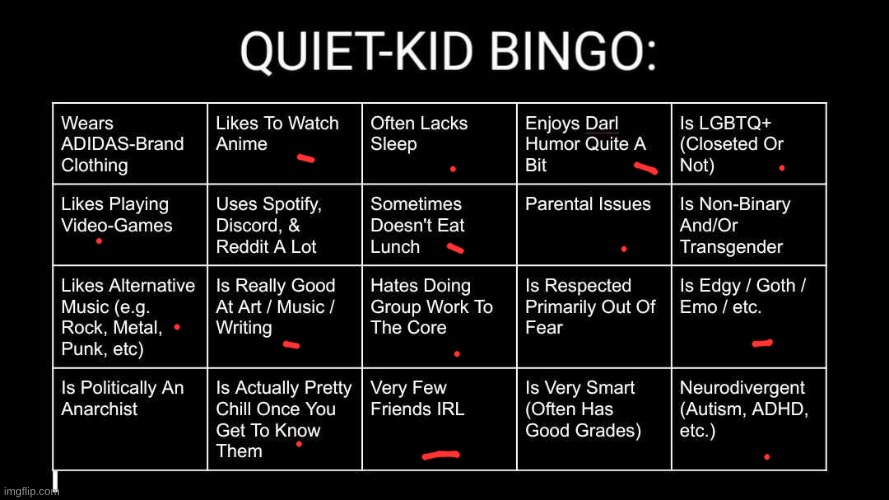 ..... | image tagged in quiet kid bingo | made w/ Imgflip meme maker