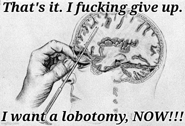 Meant To Post This Earlier | That's it. I fucking give up. I want a lobotomy, NOW!!! | image tagged in lobotomy,i hate myself,lolihatemylife,dreams can go kill themselves,save me,what the hell | made w/ Imgflip meme maker