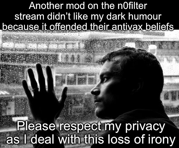 Such a loss | Another mod on the n0filter stream didn’t like my dark humour because it offended their antivax beliefs; Please respect my privacy as I deal with this loss of irony | image tagged in memes,over educated problems,moderators,precious,offended,never before have i been so offended by something i one hundred | made w/ Imgflip meme maker