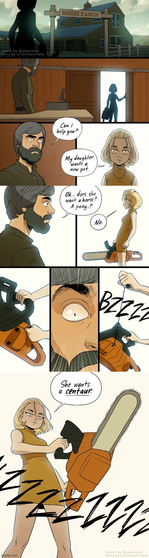 This was originally a gif but its duration was "too short" to be generated. (The chainsaw's supposed to move in the last panel.) | image tagged in horse,ranch,daughter,pet,chainsaw,centaur | made w/ Imgflip meme maker