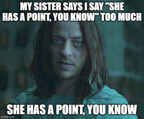 my sister | MY SISTER SAYS I SAY "SHE HAS A POINT, YOU KNOW" TOO MUCH; SHE HAS A POINT, YOU KNOW | image tagged in jaqen she has a point | made w/ Imgflip meme maker