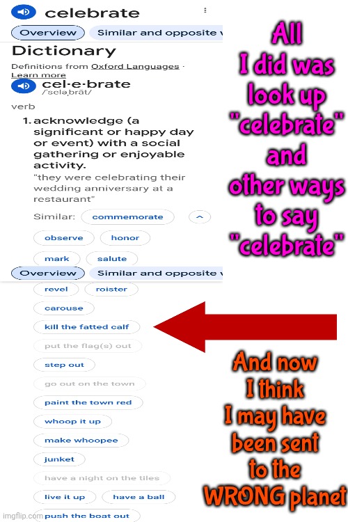 Yin And Yang I Guess | All I did was look up "celebrate" and other ways to say "celebrate"; And now I think I may have been sent to the WRONG planet | image tagged in memes,celebrate,definition,wth,well that escalated quickly,i don't understand | made w/ Imgflip meme maker