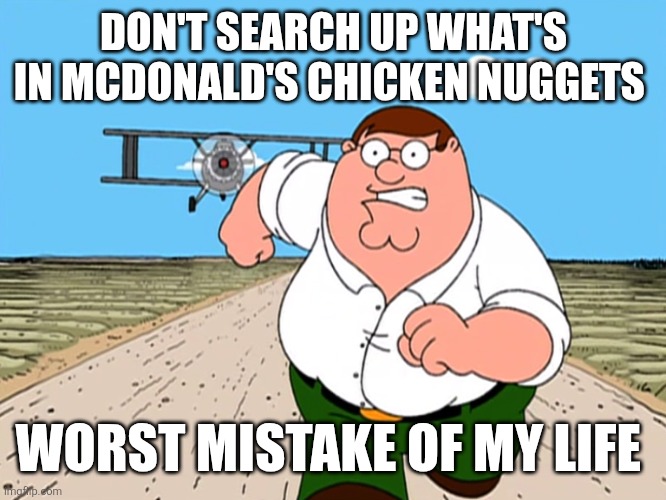 Peter Griffin running away | DON'T SEARCH UP WHAT'S IN MCDONALD'S CHICKEN NUGGETS; WORST MISTAKE OF MY LIFE | image tagged in peter griffin running away | made w/ Imgflip meme maker