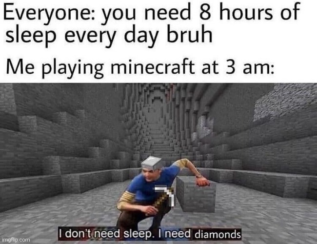 I don't need sleep i need diamonds | image tagged in memes,funny,funny memes,minecraft,gaming | made w/ Imgflip meme maker