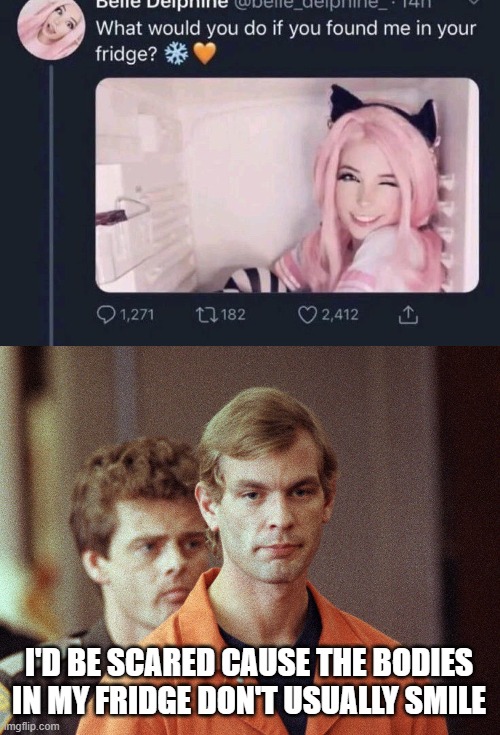 WWYD? | I'D BE SCARED CAUSE THE BODIES IN MY FRIDGE DON'T USUALLY SMILE | image tagged in dahmer | made w/ Imgflip meme maker