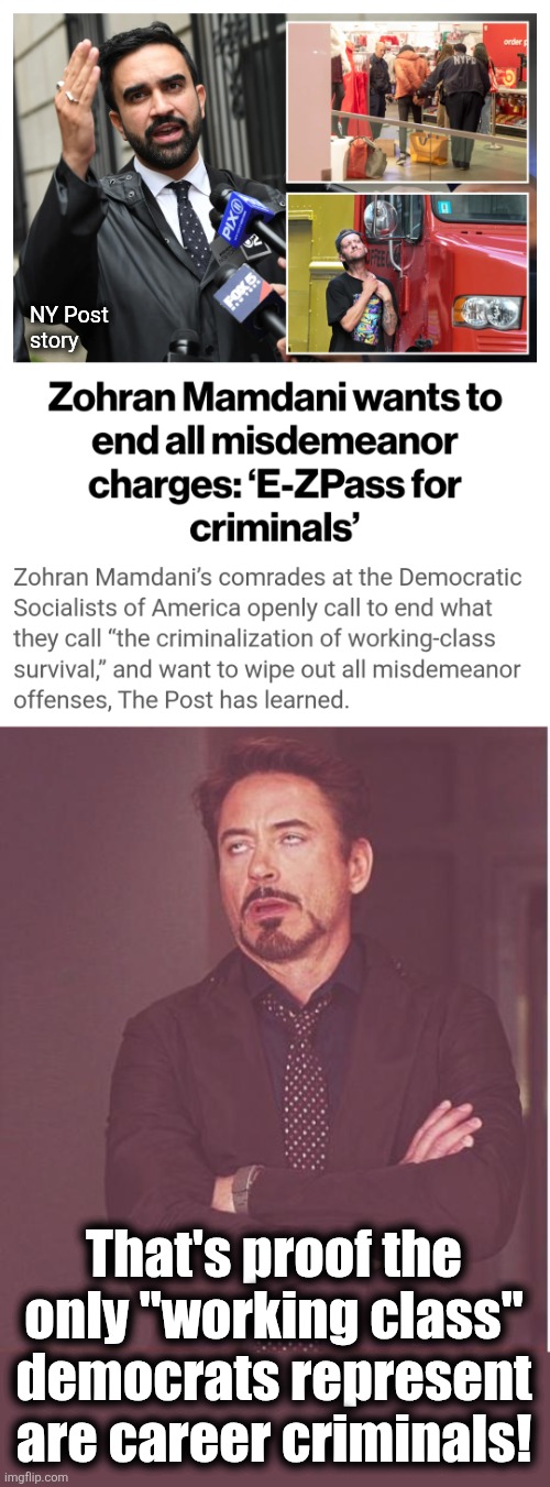 democrat insanity never stops | NY Post
story; That's proof the only "working class" democrats represent are career criminals! | image tagged in memes,face you make robert downey jr,zohran mamdani,democrats,crime,career criminals | made w/ Imgflip meme maker