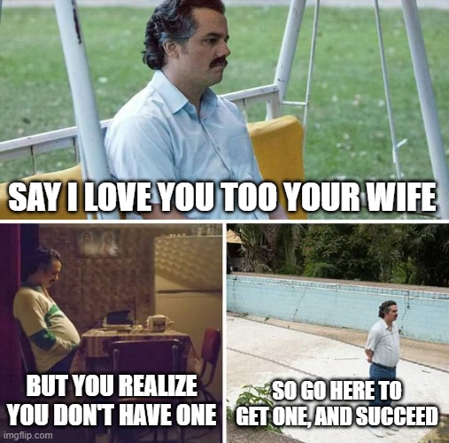 Sad Pablo Escobar | SAY I LOVE YOU TOO YOUR WIFE; BUT YOU REALIZE YOU DON'T HAVE ONE; SO GO HERE TO GET ONE, AND SUCCEED | image tagged in memes,sad pablo escobar | made w/ Imgflip meme maker