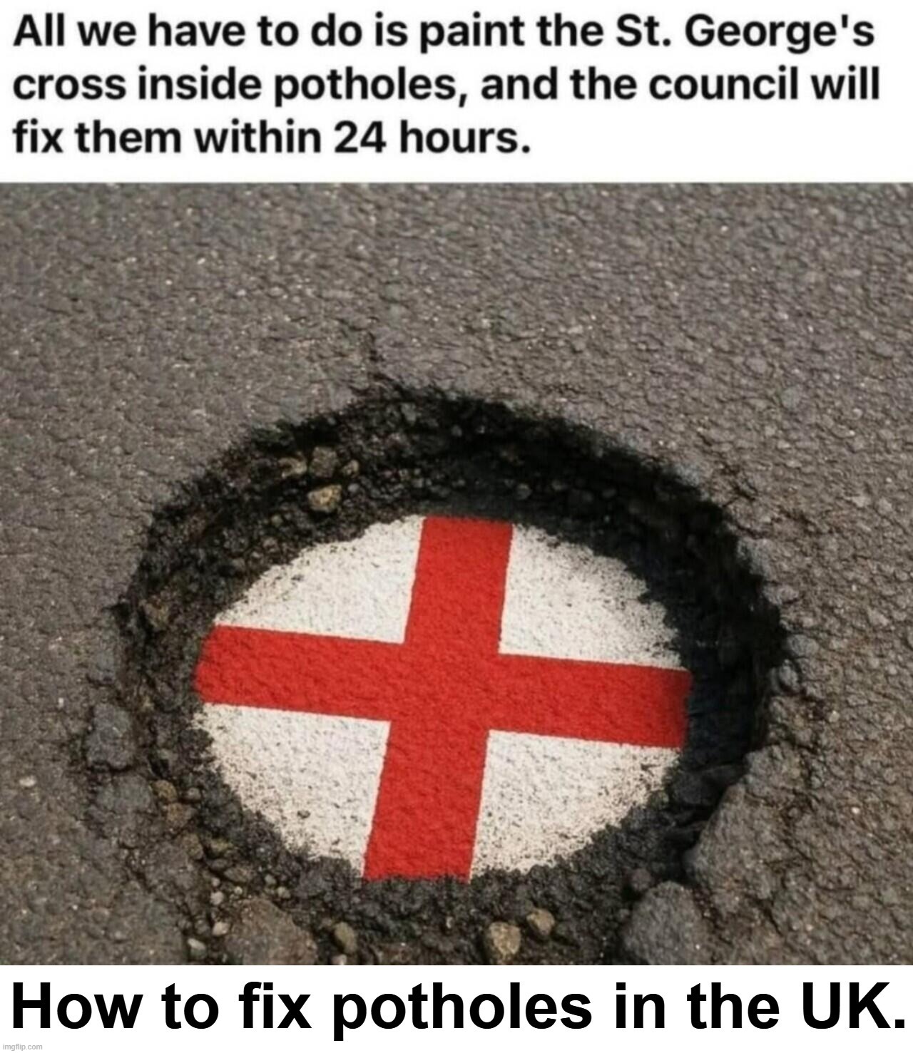 How to fix potholes in the UK | image tagged in potholes,uk,united kingdom,radical islam,angry muslim,saint george | made w/ Imgflip meme maker