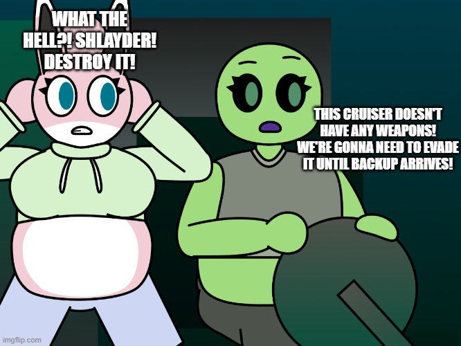WHAT THE HELL?! SHLAYDER! DESTROY IT! THIS CRUISER DOESN'T HAVE ANY WEAPONS! WE'RE GONNA NEED TO EVADE IT UNTIL BACKUP ARRIVES! | made w/ Imgflip meme maker