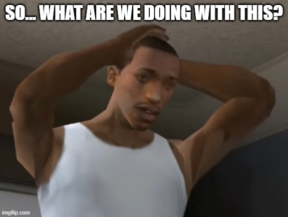 Desperate CJ | SO... WHAT ARE WE DOING WITH THIS? | image tagged in desperate cj | made w/ Imgflip meme maker