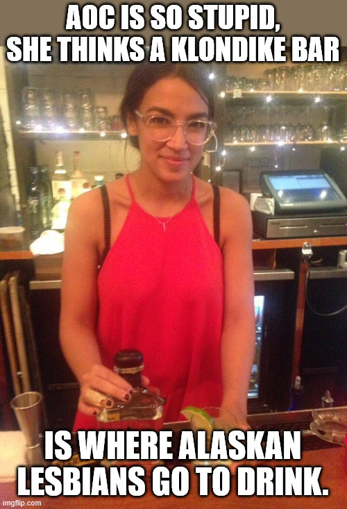 AOC BARTENDING | AOC IS SO STUPID, SHE THINKS A KLONDIKE BAR; IS WHERE ALASKAN LESBIANS GO TO DRINK. | image tagged in aoc,lesbian,alaska,trump,democrat,memes | made w/ Imgflip meme maker