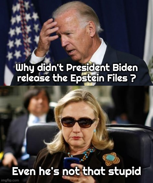 There Is Only One | Why didn't President Biden release the Epstein Files ? Even he's not that stupid | image tagged in joe biden worries,hillary clinton cellphone,epstein lives,hush,bubba,hawk tuah | made w/ Imgflip meme maker